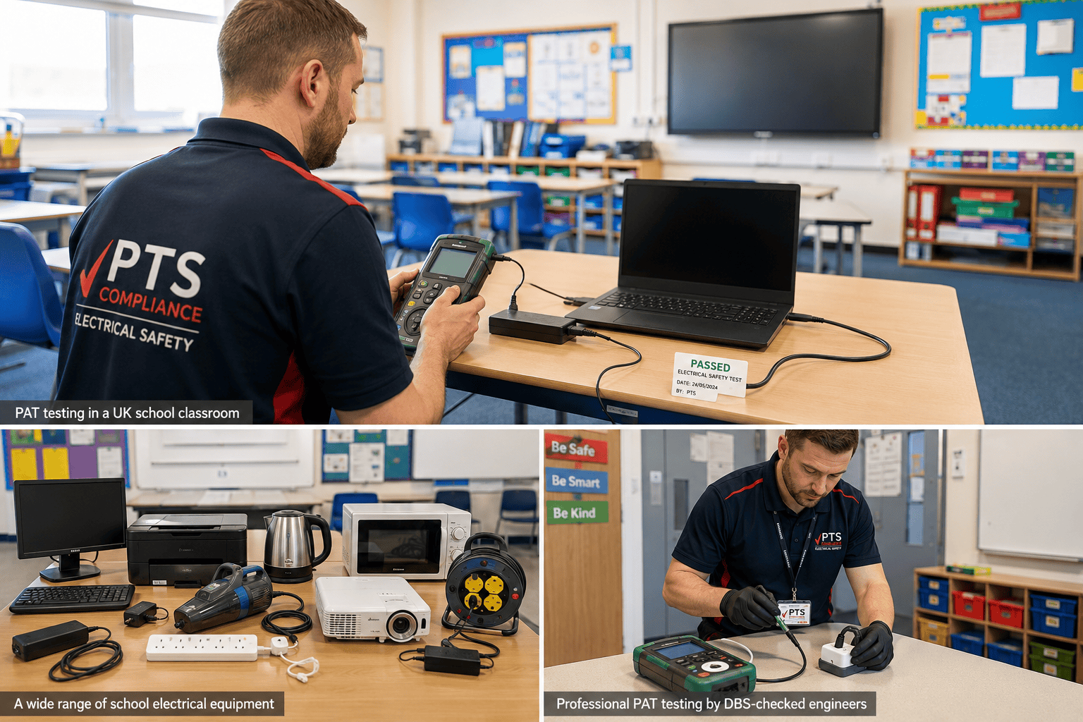 Collage showing PAT testing in a UK school classroom, common school electrical equipment, and a DBS-checked engineer carrying out electrical safety testing.